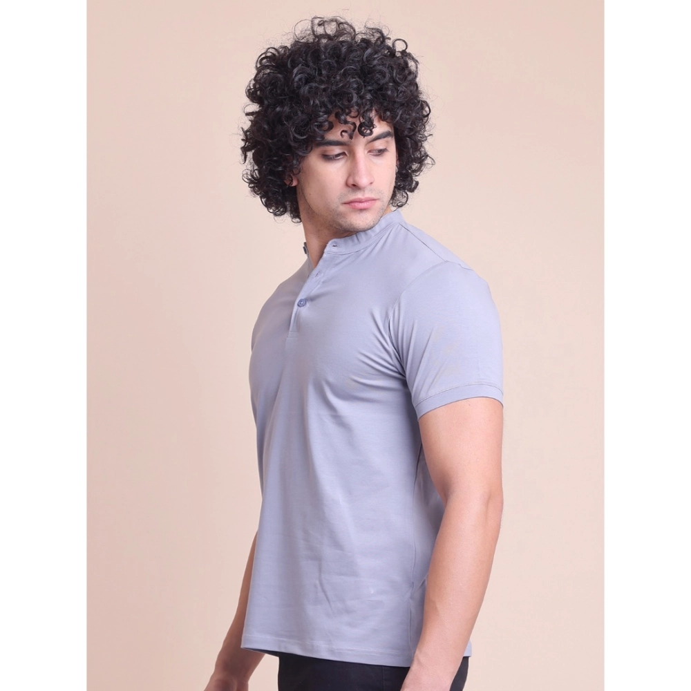 Men's Casual Cotton Solid Half Sleeve Mandarin Collar T-Shirt (Teegrey) - Image 5