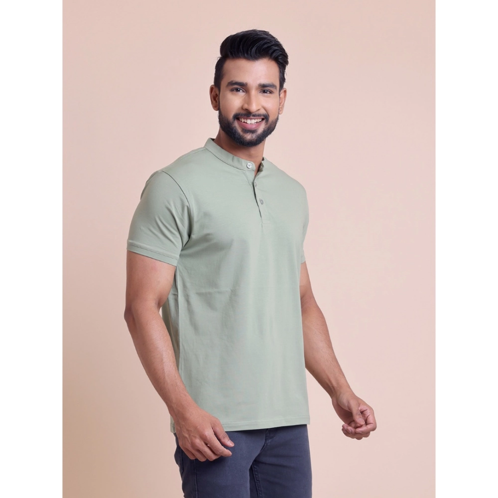 Men's Casual Cotton Solid Half Sleeve Mandarin Collar T-Shirt (Newsage) - Image 4