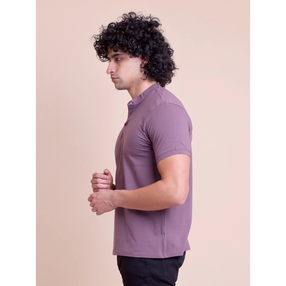 Men's Casual Cotton Solid Half Sleeve Mandarin Collar T-Shirt (Berry) - Image 5