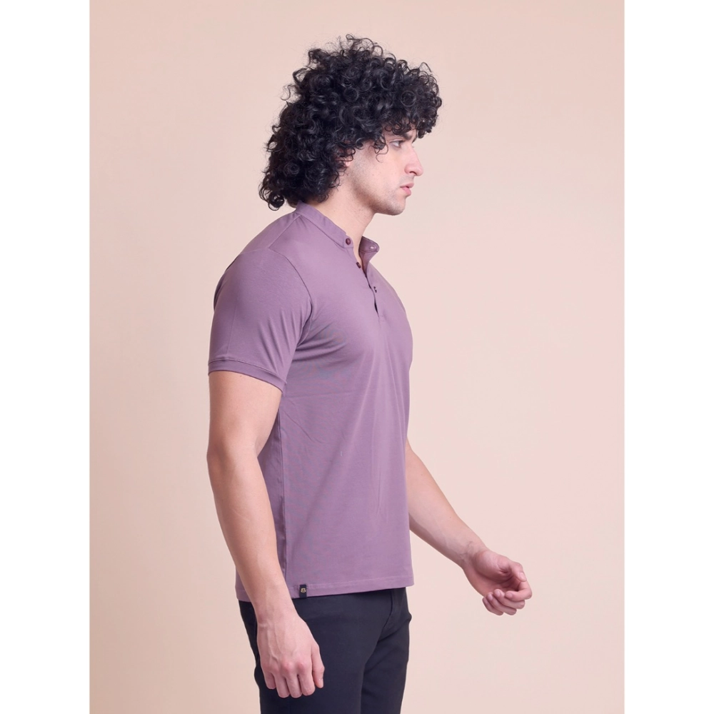 Men's Casual Cotton Solid Half Sleeve Mandarin Collar T-Shirt (Berry) - Image 4