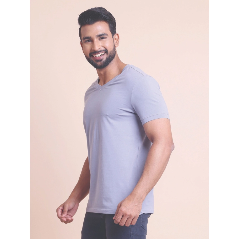 Men's Casual Cotton Solid Half Sleeve V Neck T-Shirt (Purple) - Image 5