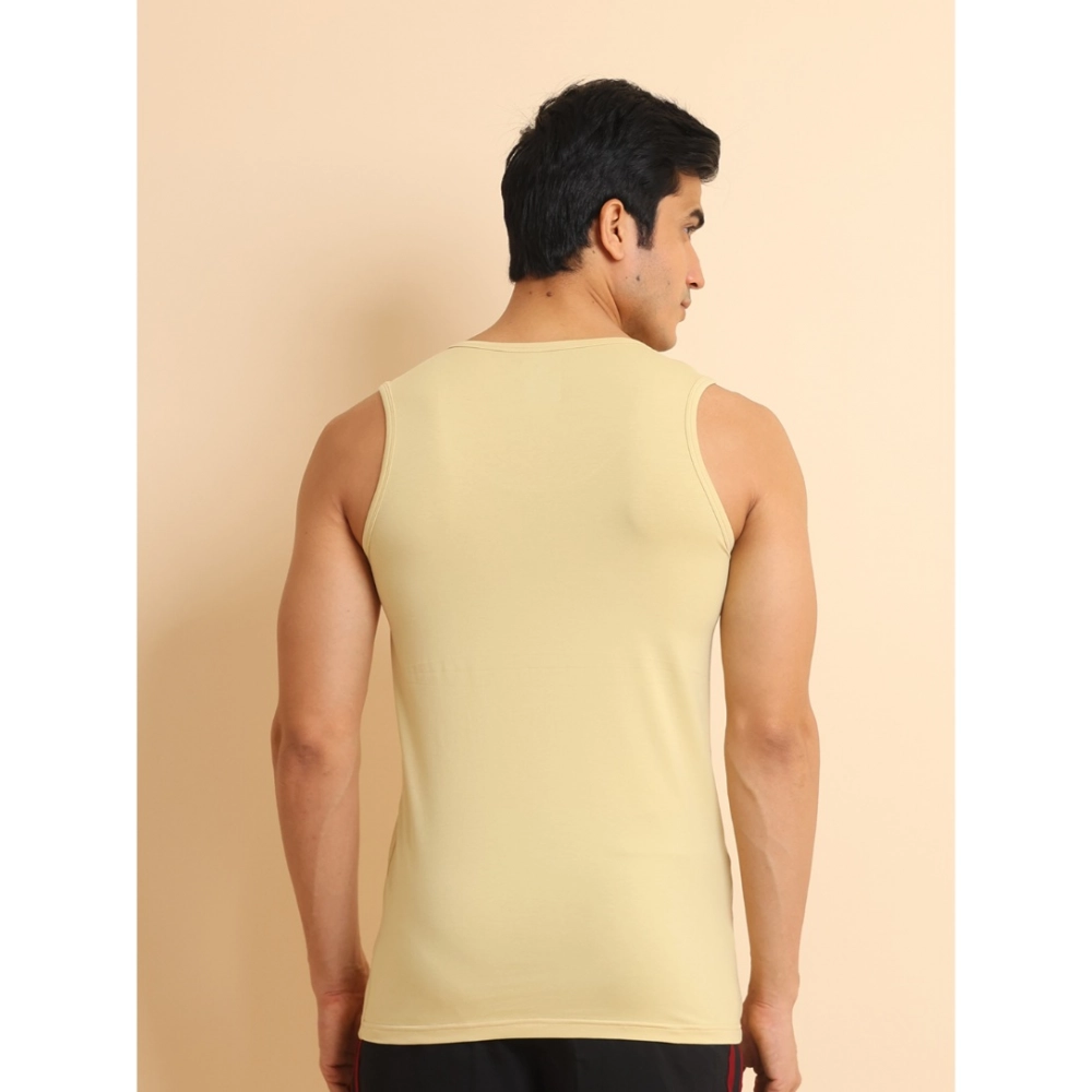 Men's Casual Cotton Solid Round Neck Sleeveless Vest (Beige) - Image 3