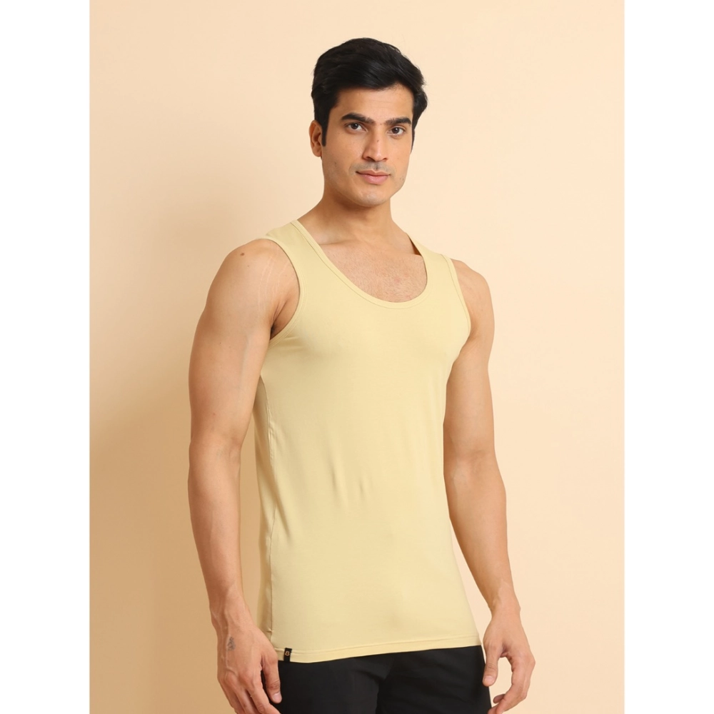 Men's Casual Cotton Solid Round Neck Sleeveless Vest (Beige) - Image 4