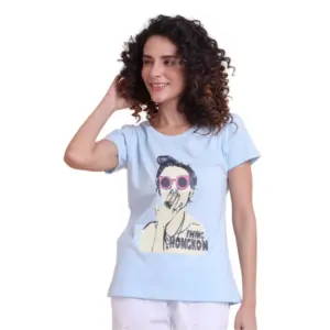 Women's Casual Cotton Printed Half Sleeve Round Neck T-Shirt (Skyblue)