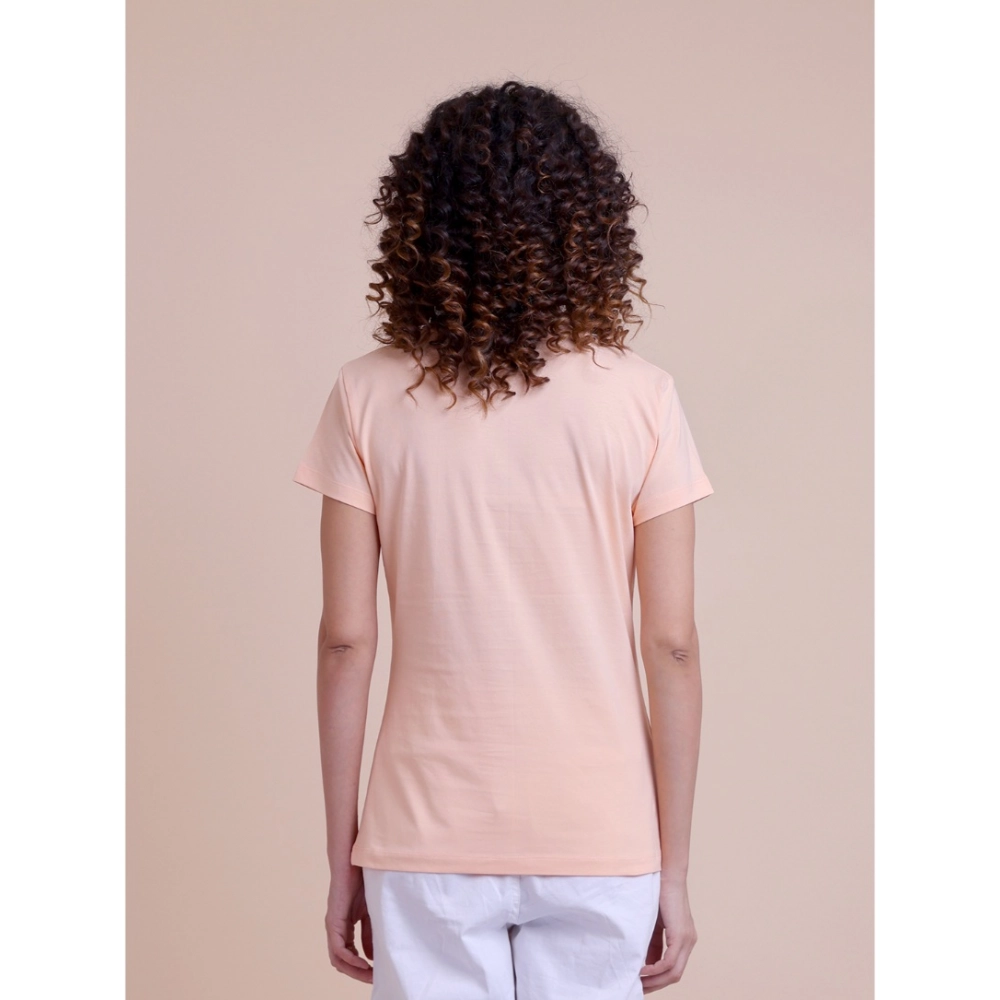 Women's Casual Cotton Printed Half Sleeve Round Neck T-Shirt (Peach) - Image 3