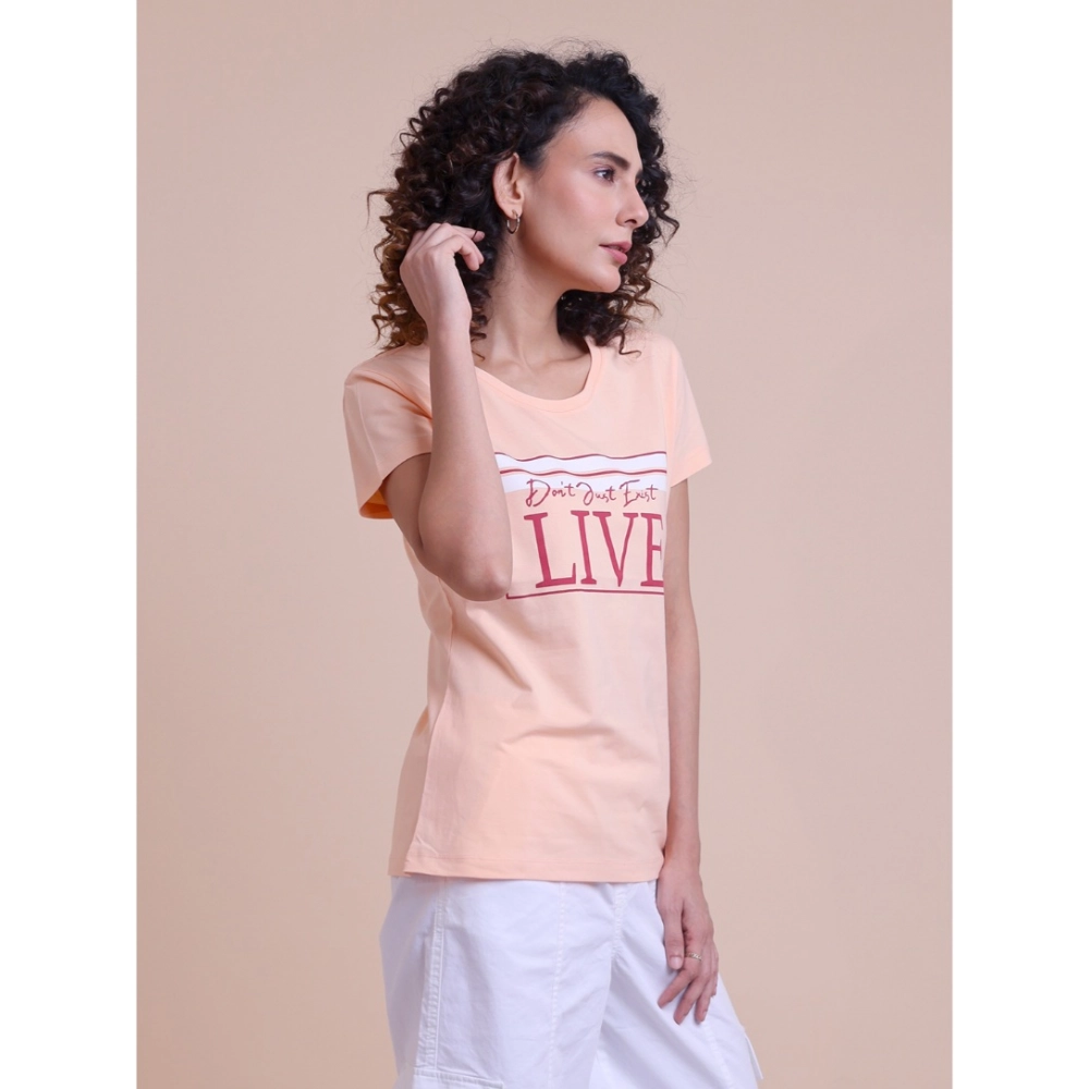 Women's Casual Cotton Printed Half Sleeve Round Neck T-Shirt (Peach) - Image 4
