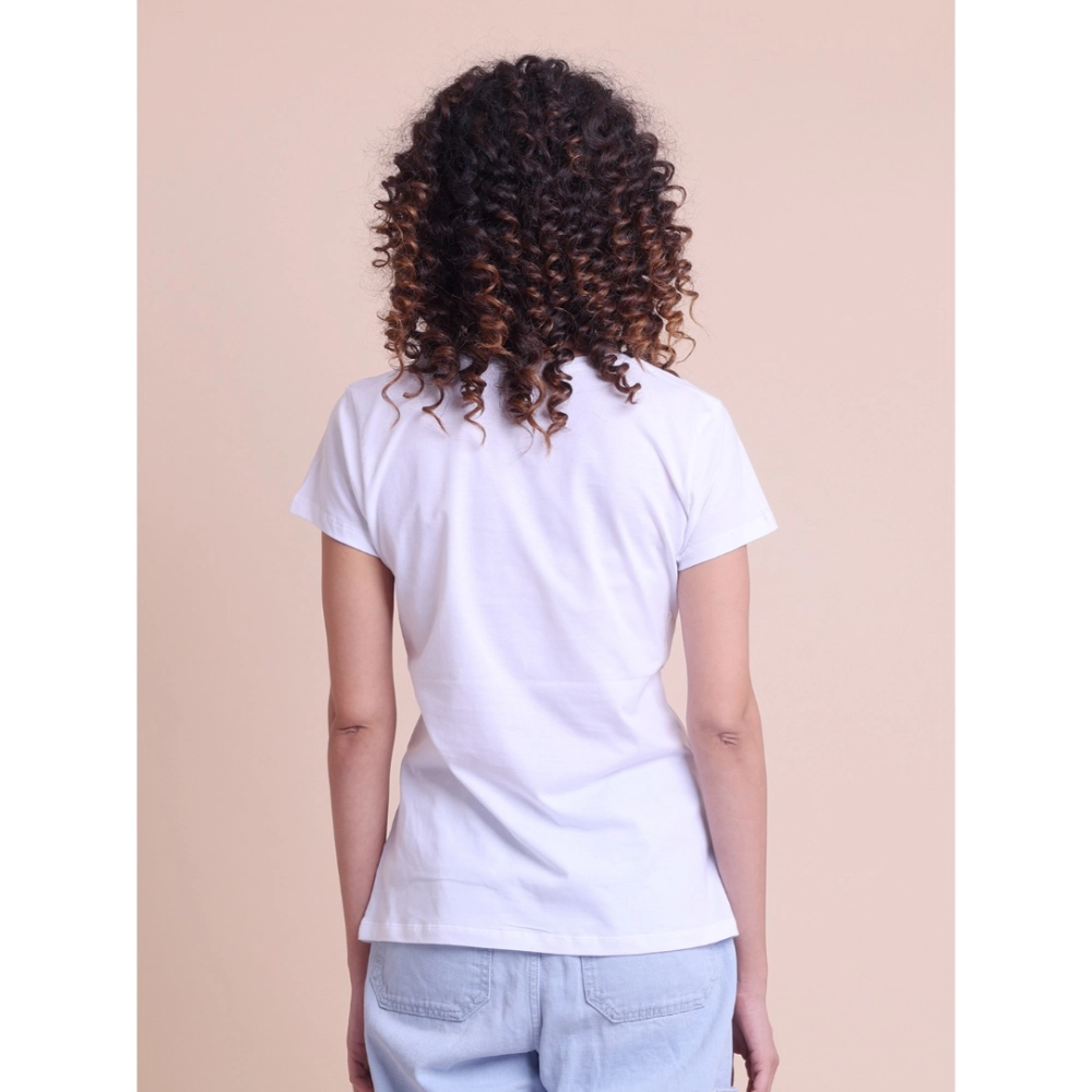 Women's Casual Cotton Printed Half Sleeve Round Neck T-Shirt (White) - Image 3