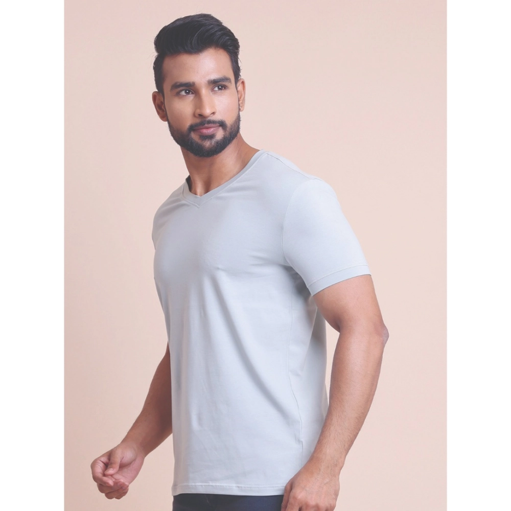 Men's Casual Cotton Solid Half Sleeve V Neck T-Shirt (Grey) - Image 5