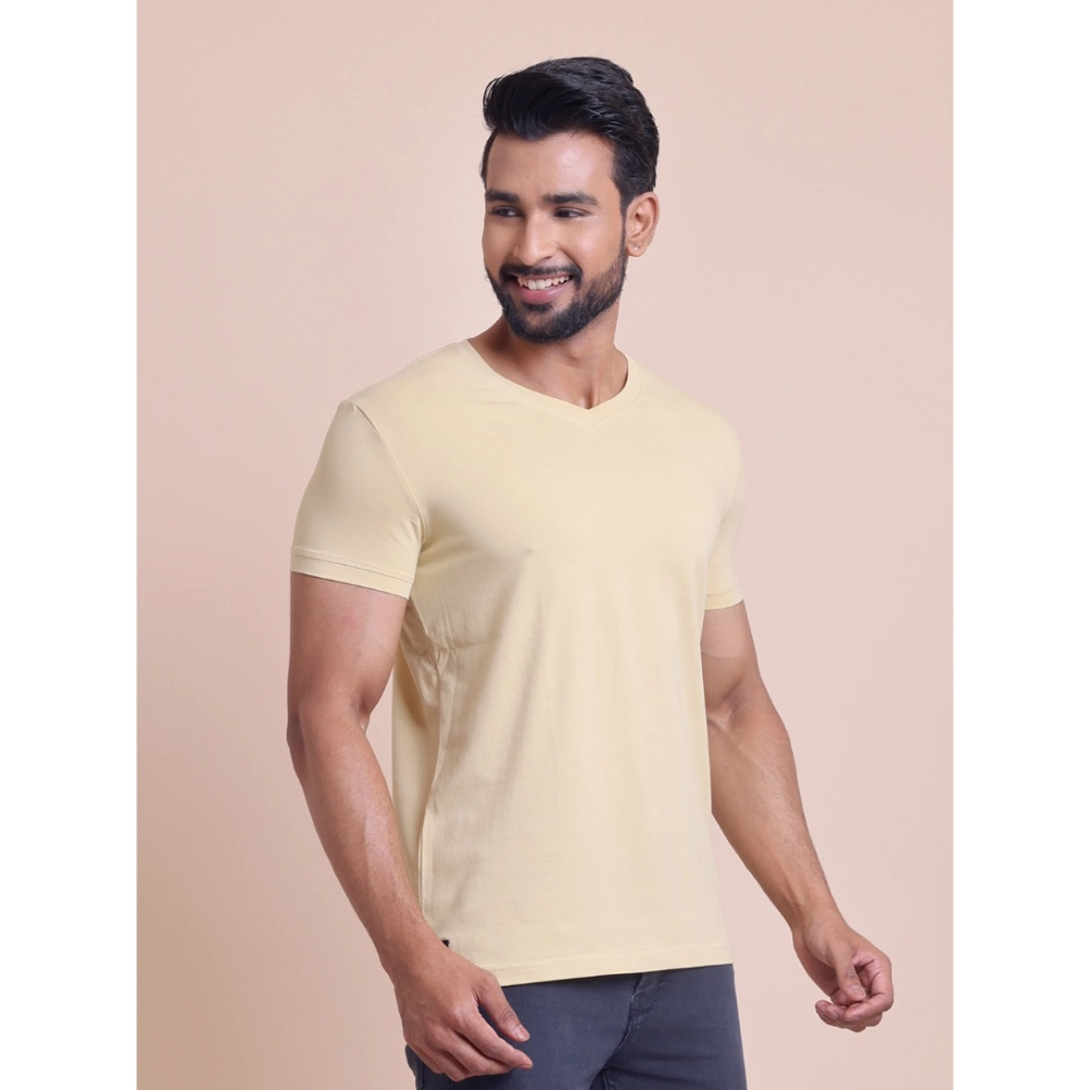Men's Casual Cotton Solid Half Sleeve V Neck T-Shirt (Beige) - Image 4
