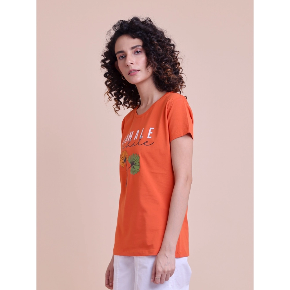 Women's Casual Cotton Printed Half Sleeve Round Neck T-Shirt (Rust) - Image 5