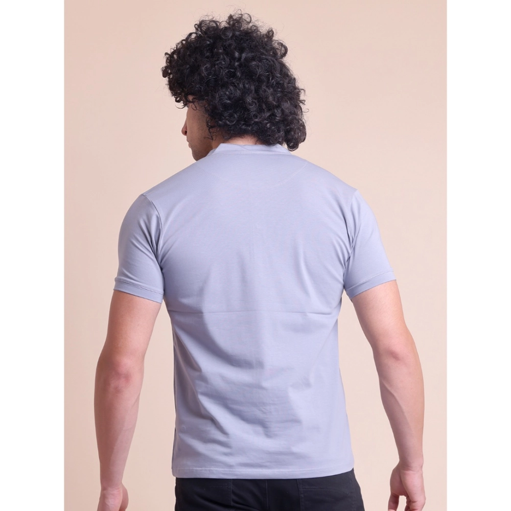 Men's Casual Cotton Solid Half Sleeve Mandarin Collar T-Shirt (Teegrey) - Image 3