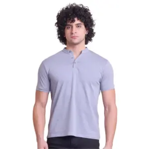 Men's Casual Cotton Solid Half Sleeve Mandarin Collar T-Shirt (Teegrey)