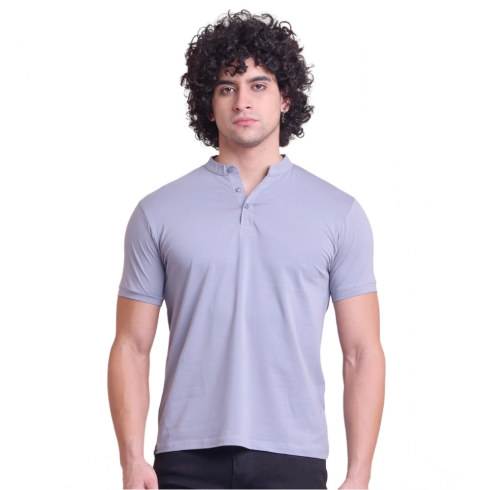 Men's Casual Cotton Solid Half Sleeve Mandarin Collar T-Shirt (Teegrey)