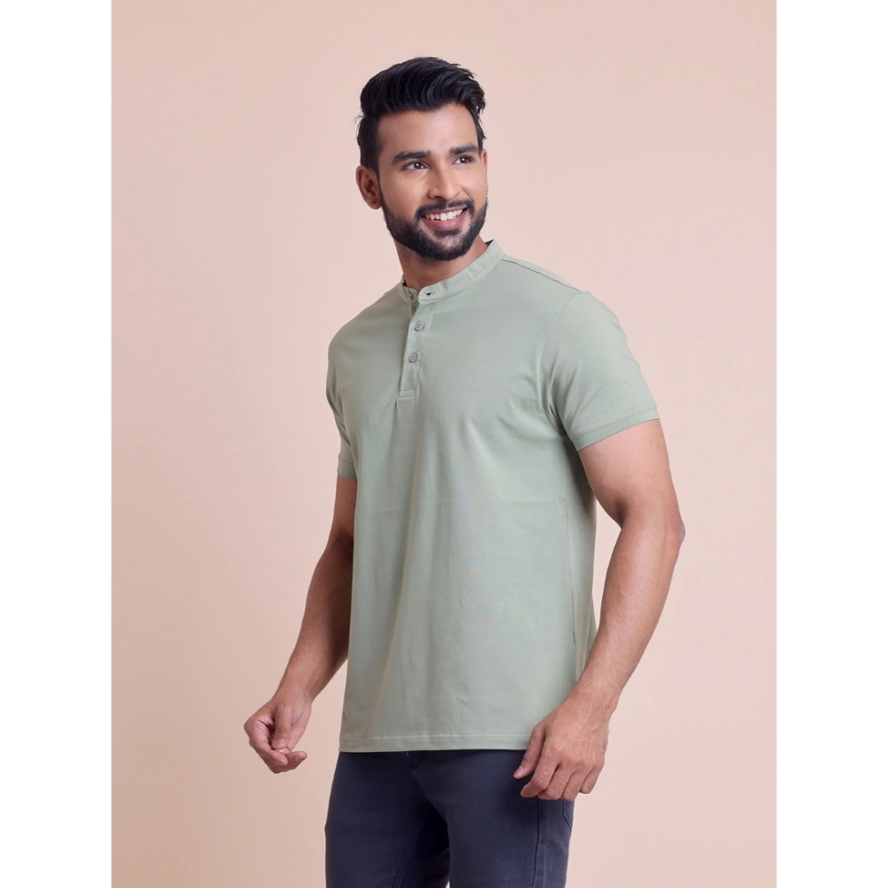 Men's Casual Cotton Solid Half Sleeve Mandarin Collar T-Shirt (Newsage) - Image 5