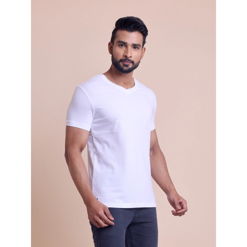 Men's Casual Cotton Solid Half Sleeve V Neck T-Shirt (White) - Image 4