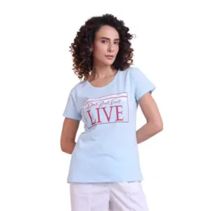 Women's Casual Cotton Printed Half Sleeve Round Neck T-Shirt (Skyblue)