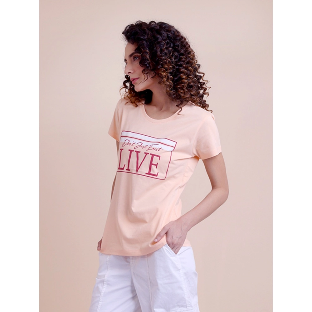 Women's Casual Cotton Printed Half Sleeve Round Neck T-Shirt (Peach) - Image 5