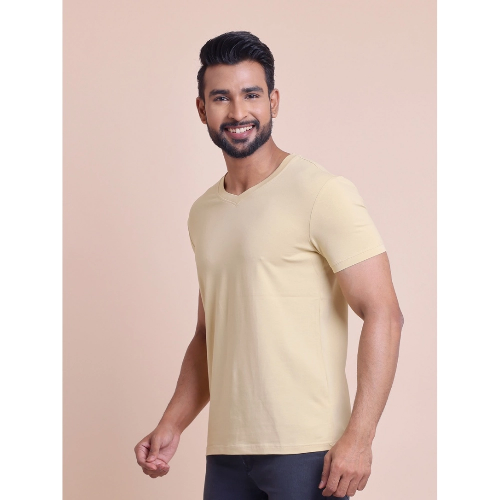 Men's Casual Cotton Solid Half Sleeve V Neck T-Shirt (Beige) - Image 5