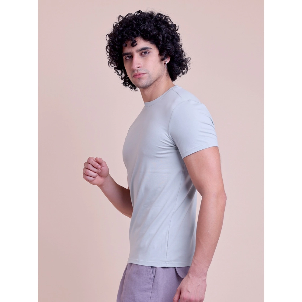 Men's Casual Cotton Solid Half Sleeve Round Neck T-Shirt (Grey) - Image 5
