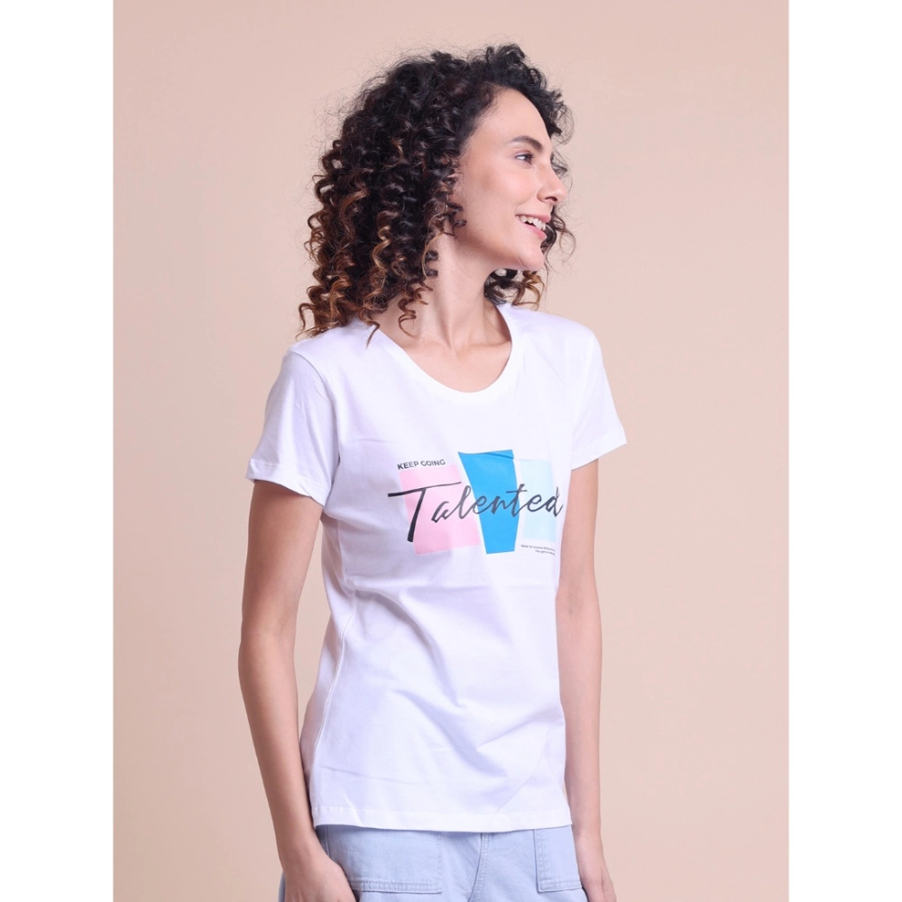 Women's Casual Cotton Printed Half Sleeve Round Neck T-Shirt (White) - Image 3