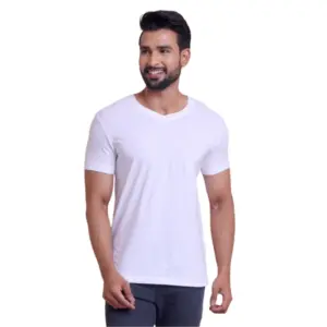 Men's Casual Cotton Solid Half Sleeve V Neck T-Shirt (White)