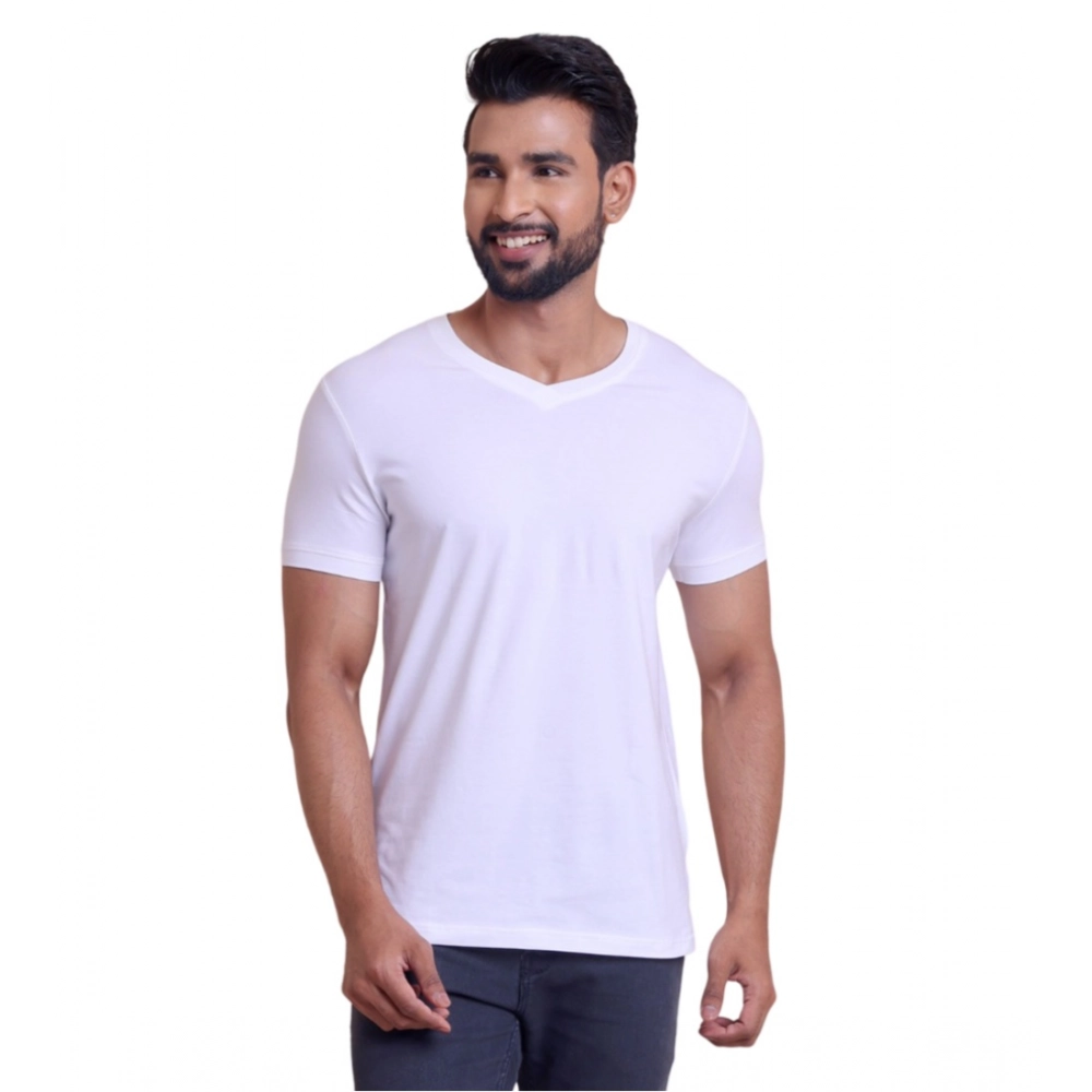 Men's Casual Cotton Solid Half Sleeve V Neck T-Shirt (White)
