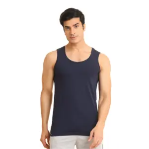 Men's Casual Cotton Solid Round Neck Sleeveless Vest (Navy)