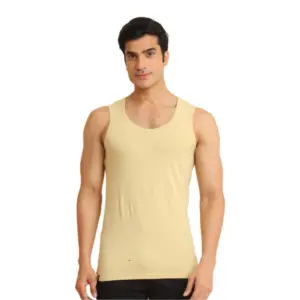 Men's Casual Cotton Solid Round Neck Sleeveless Vest (Beige)