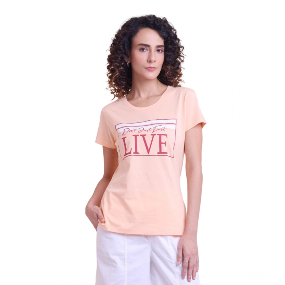 Women's Casual Cotton Printed Half Sleeve Round Neck T-Shirt (Peach)