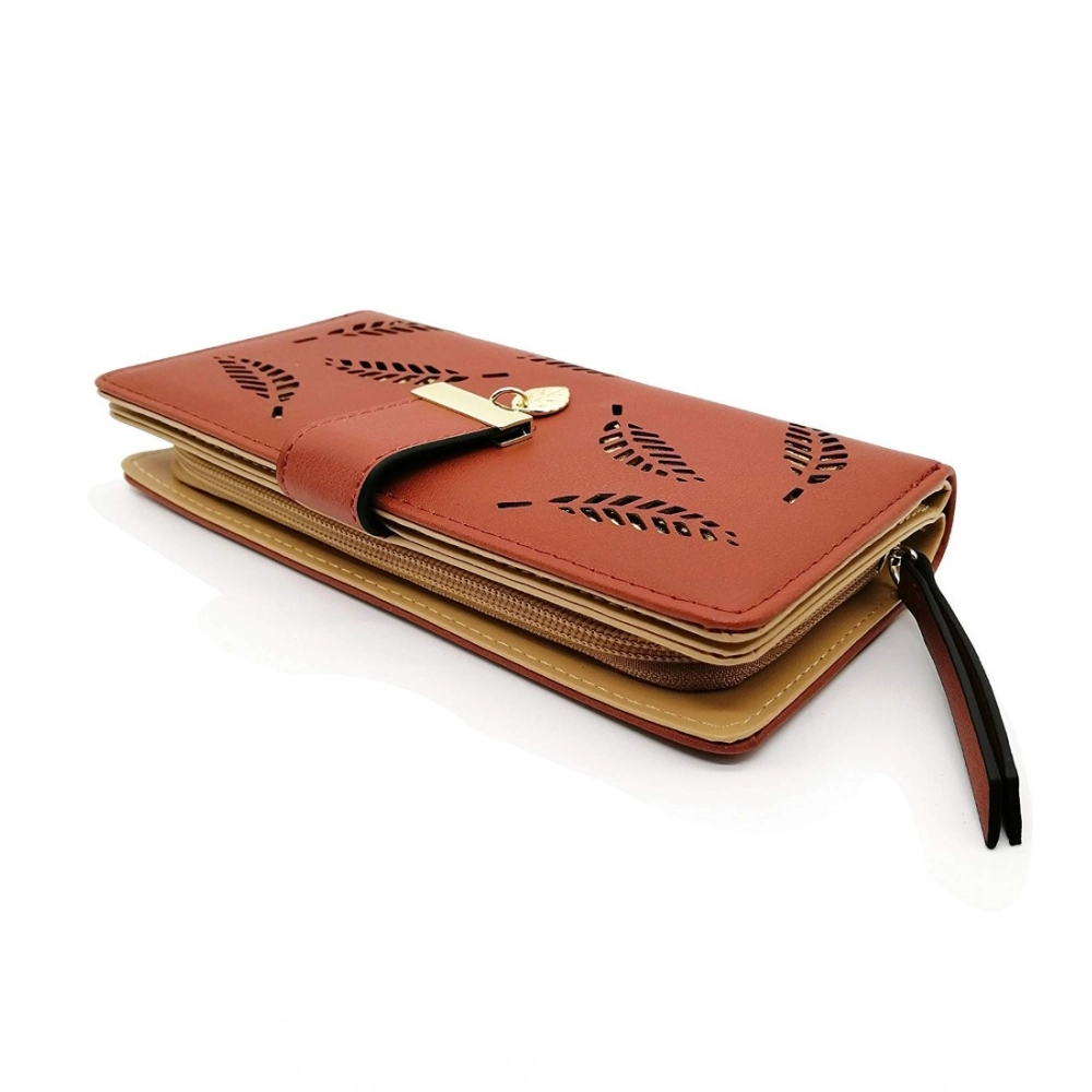Women's Faux Leather Medium Snap Button Wallet (Brown) - Image 2