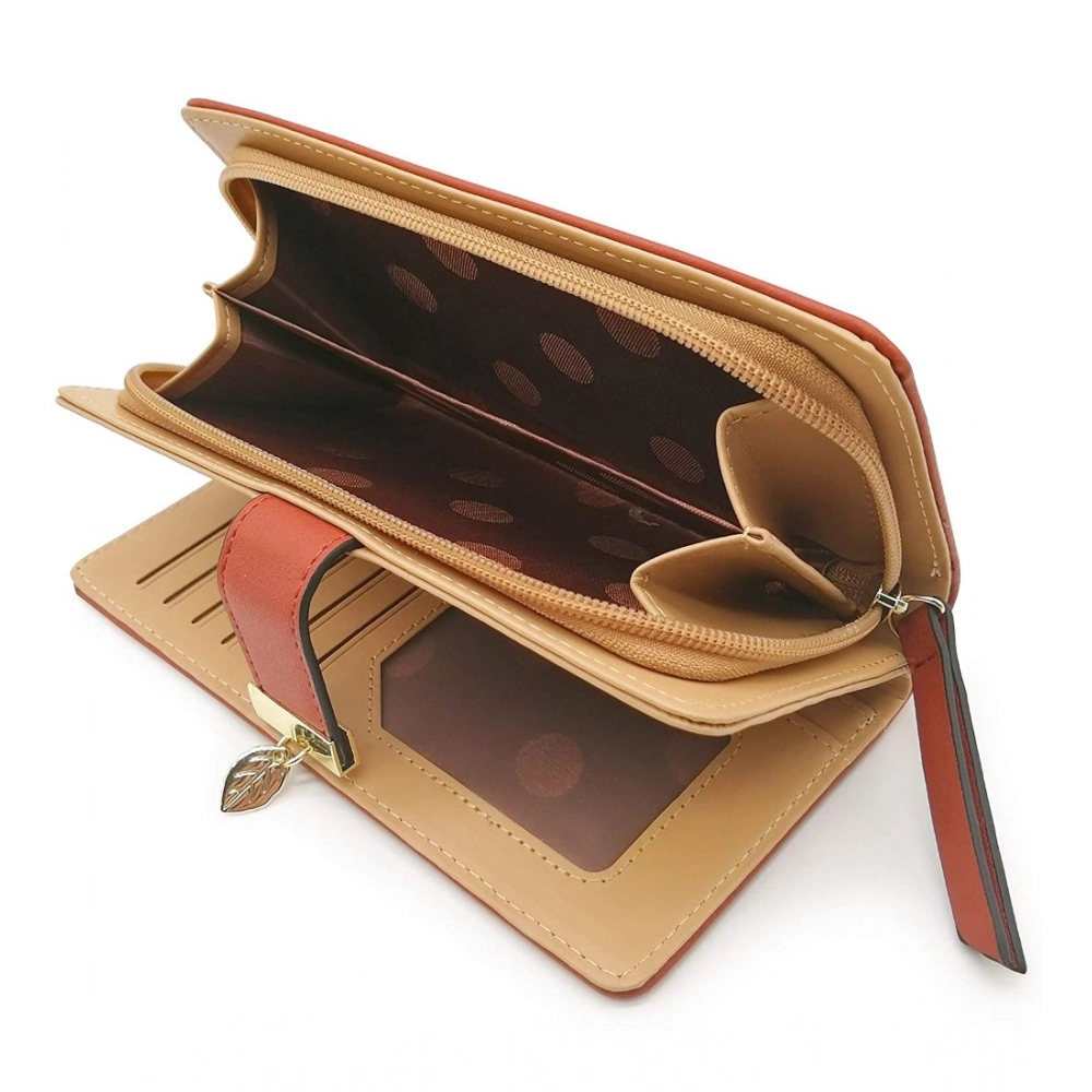 Women's Faux Leather Medium Snap Button Wallet (Brown) - Image 4