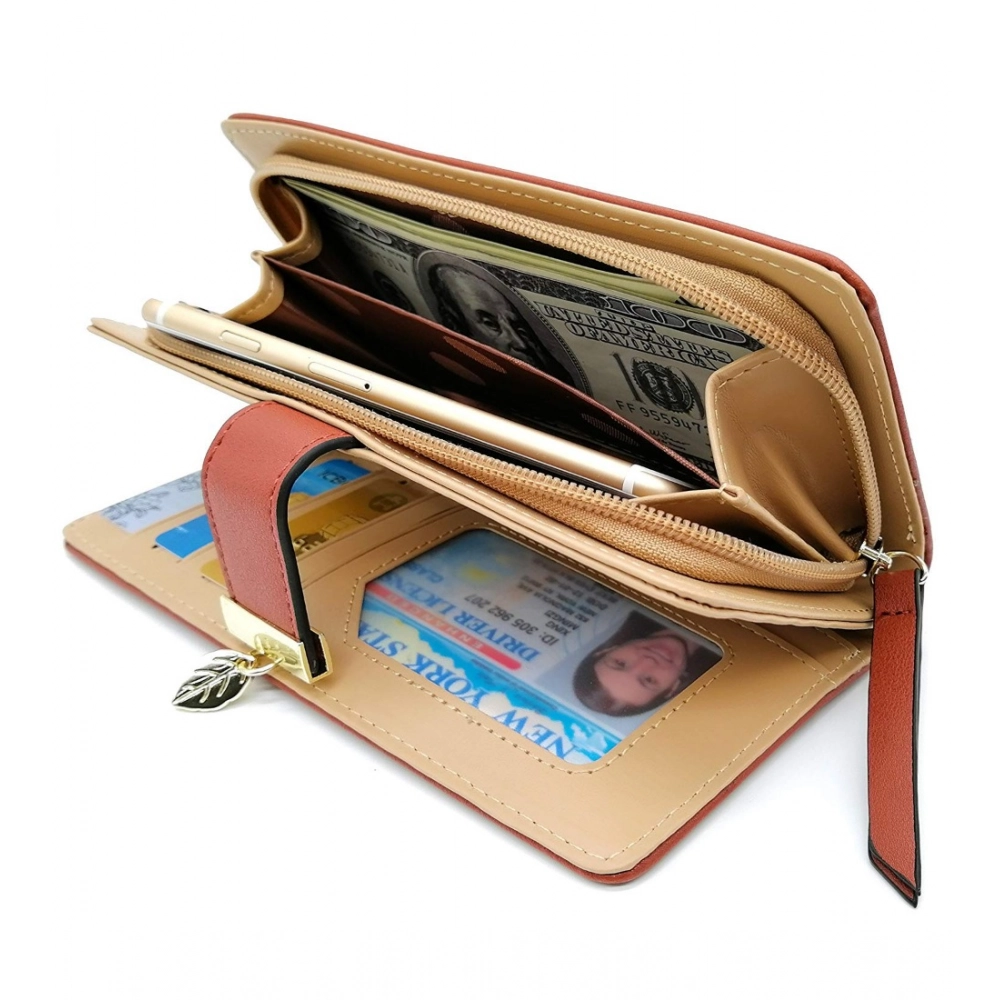 Women's Faux Leather Medium Snap Button Wallet (Brown) - Image 3