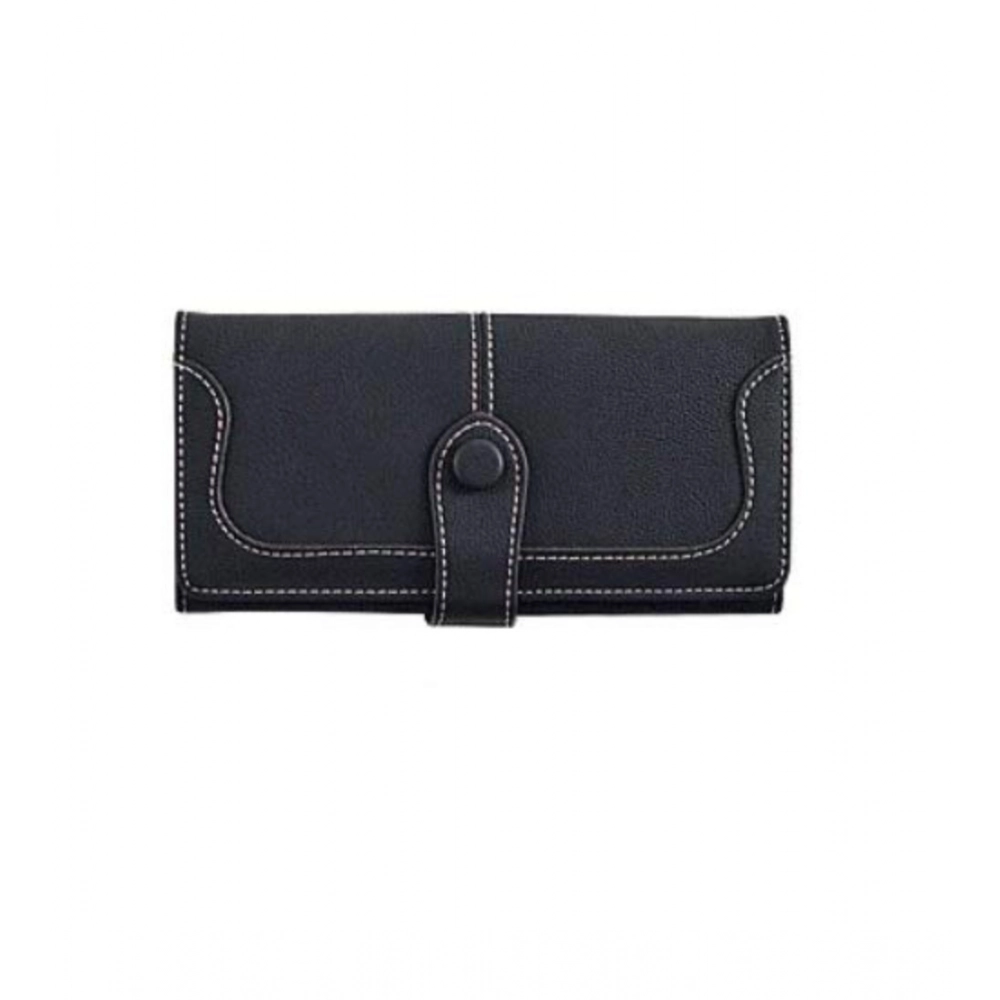 Women's Faux Leather Medium Snap Button Wallet (Black)