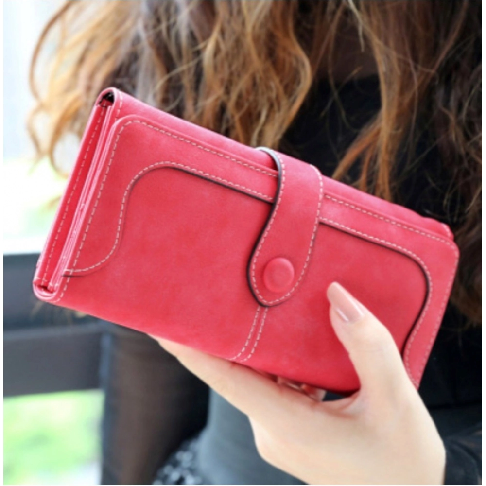 Women's Faux Leather Medium Snap Button Wallet (Red) - Image 3