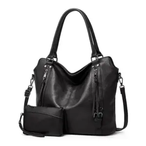 Women's PU Leather Large Shoulder Zipper Handbag (Black)
