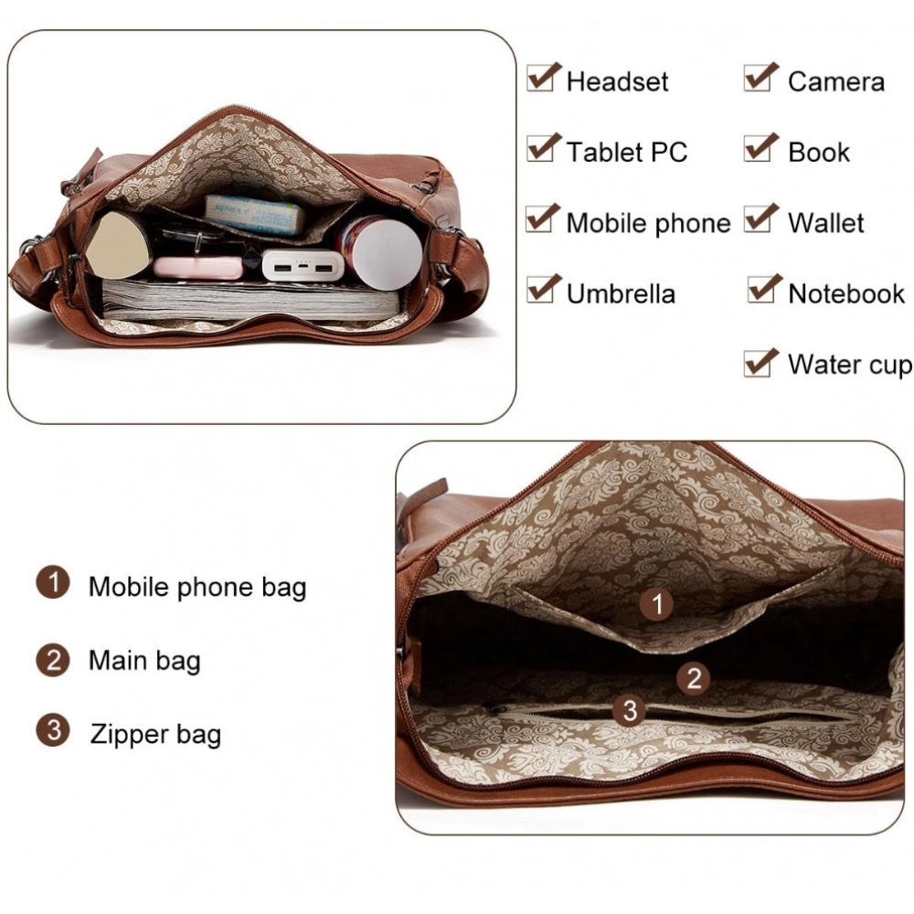 Women's PU Leather Medium Shoulder Zipper Handbag (Brown) - Image 2