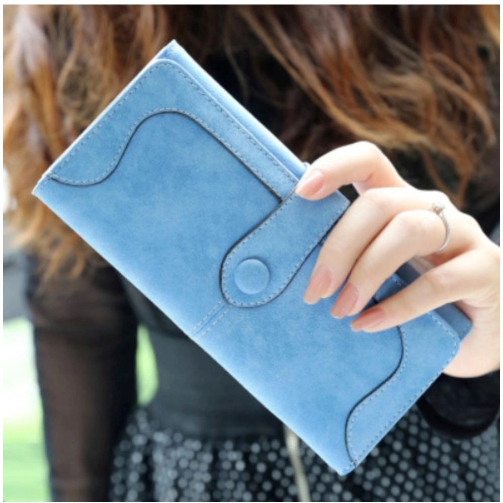Women's Faux Leather Medium Snap Button Wallet (Blue) - Image 3