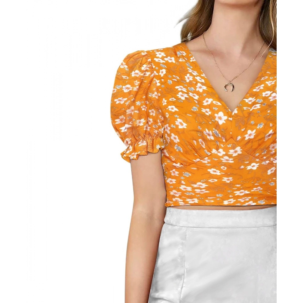 Women's Knitting Printed V-Neck Puff Sleeve Tops (Yellow) - Image 3