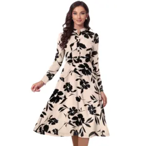 Women's Knitting Printed V-Neck Full Sleeve Dress (Cream)