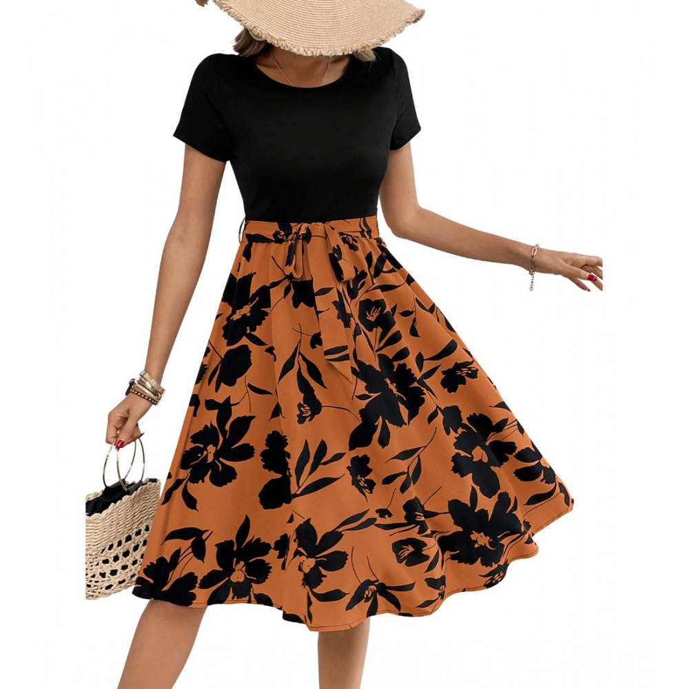 Women's Knitting Printed Round Neck Short Sleeve Dress (Orange) - Image 3
