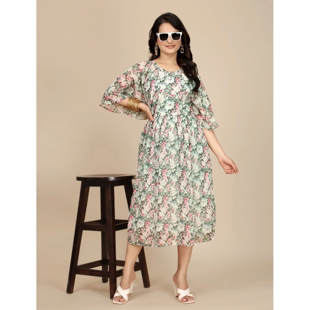 Women's Georgette Printed Round Neck Short Sleeve Dress (Pink) - Image 4