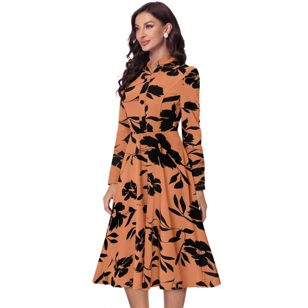 Women's Knitting Printed V-Neck Full Sleeve Dress (Orange) - Image 5