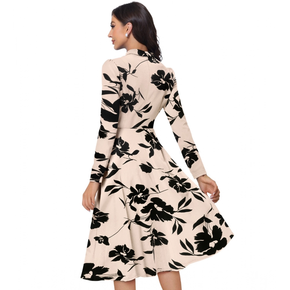 Women's Knitting Printed V-Neck Full Sleeve Dress (Cream) - Image 4