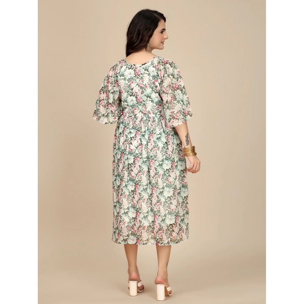 Women's Georgette Printed Round Neck Short Sleeve Dress (Pink) - Image 6