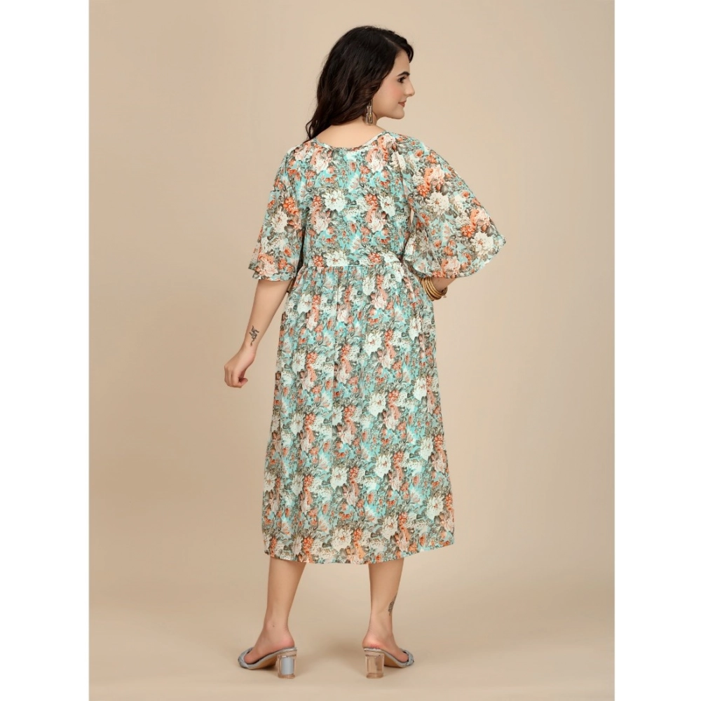 Women's Georgette Printed Round Neck Short Sleeve Dress (Multicolor) - Image 6