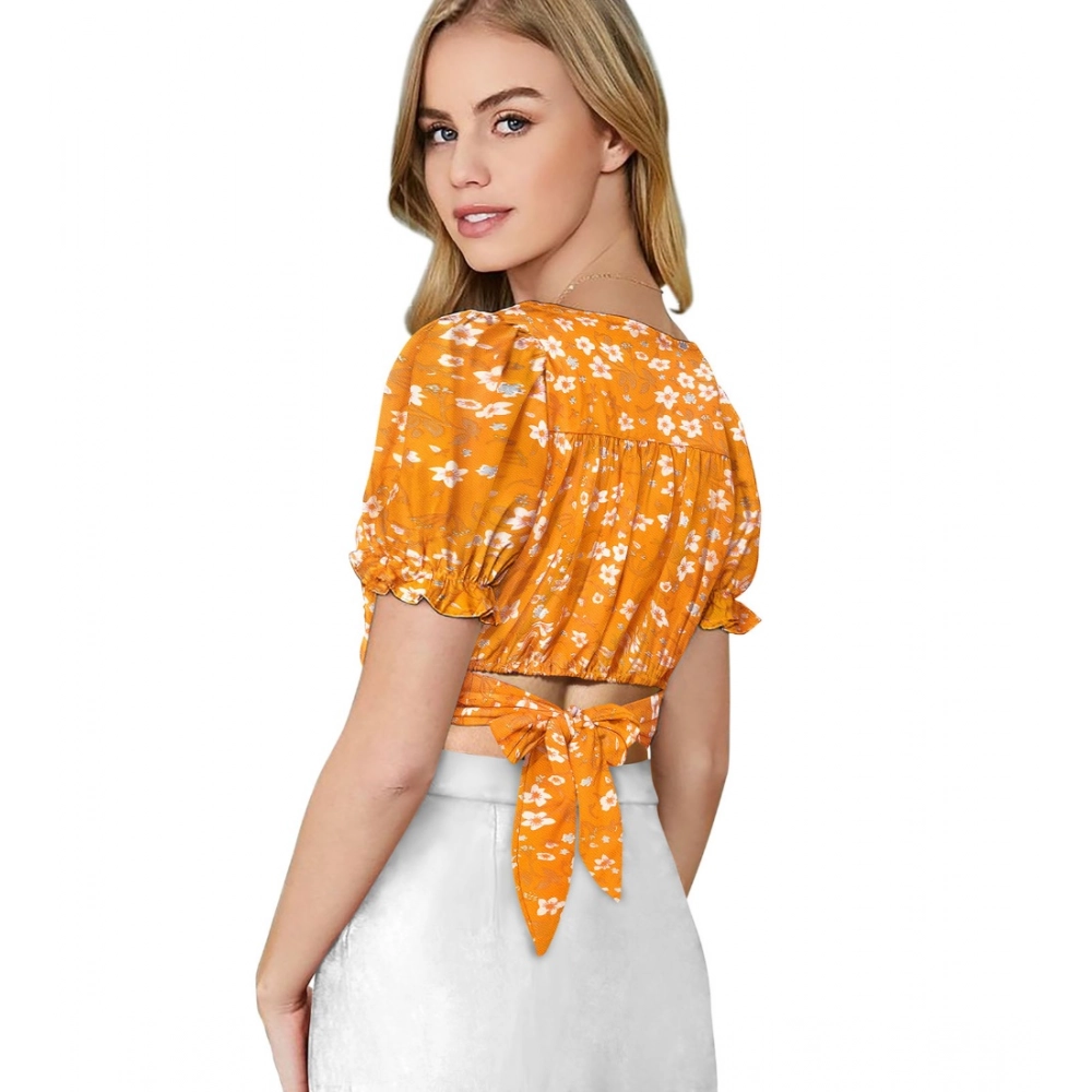 Women's Knitting Printed V-Neck Puff Sleeve Tops (Yellow) - Image 4