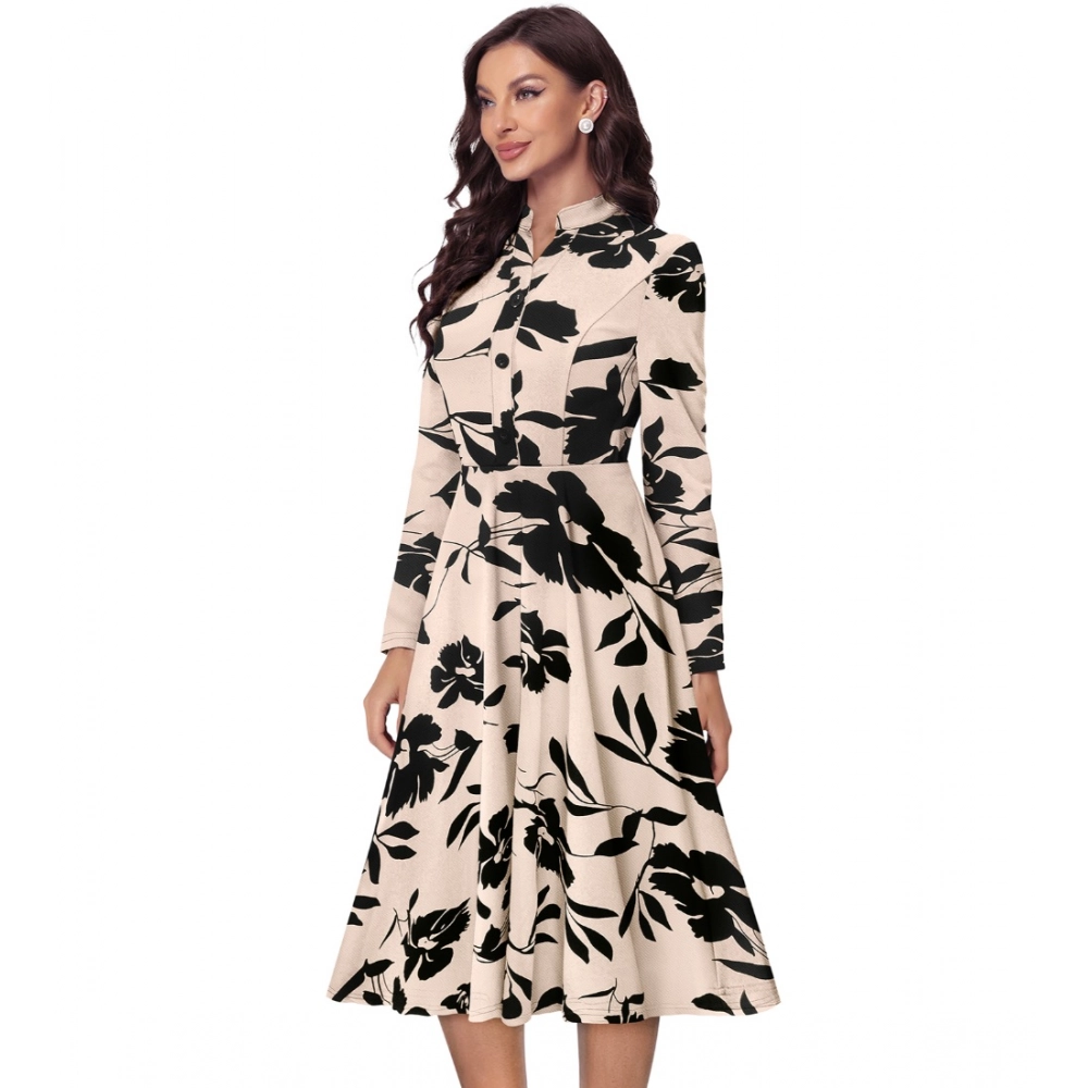 Women's Knitting Printed V-Neck Full Sleeve Dress (Cream) - Image 5