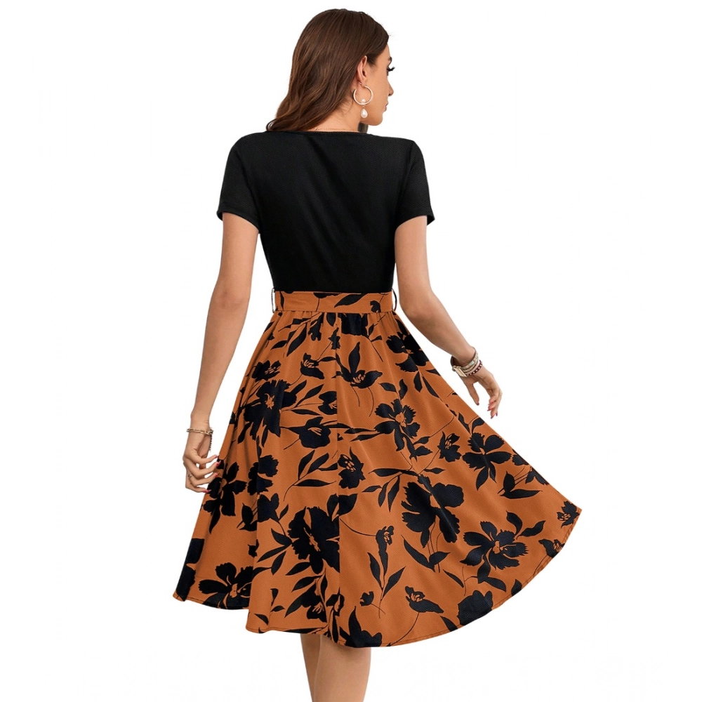 Women's Knitting Printed Round Neck Short Sleeve Dress (Orange) - Image 4