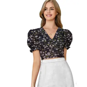 Women's Knitting Printed V-Neck Puff Sleeve Tops (Black)