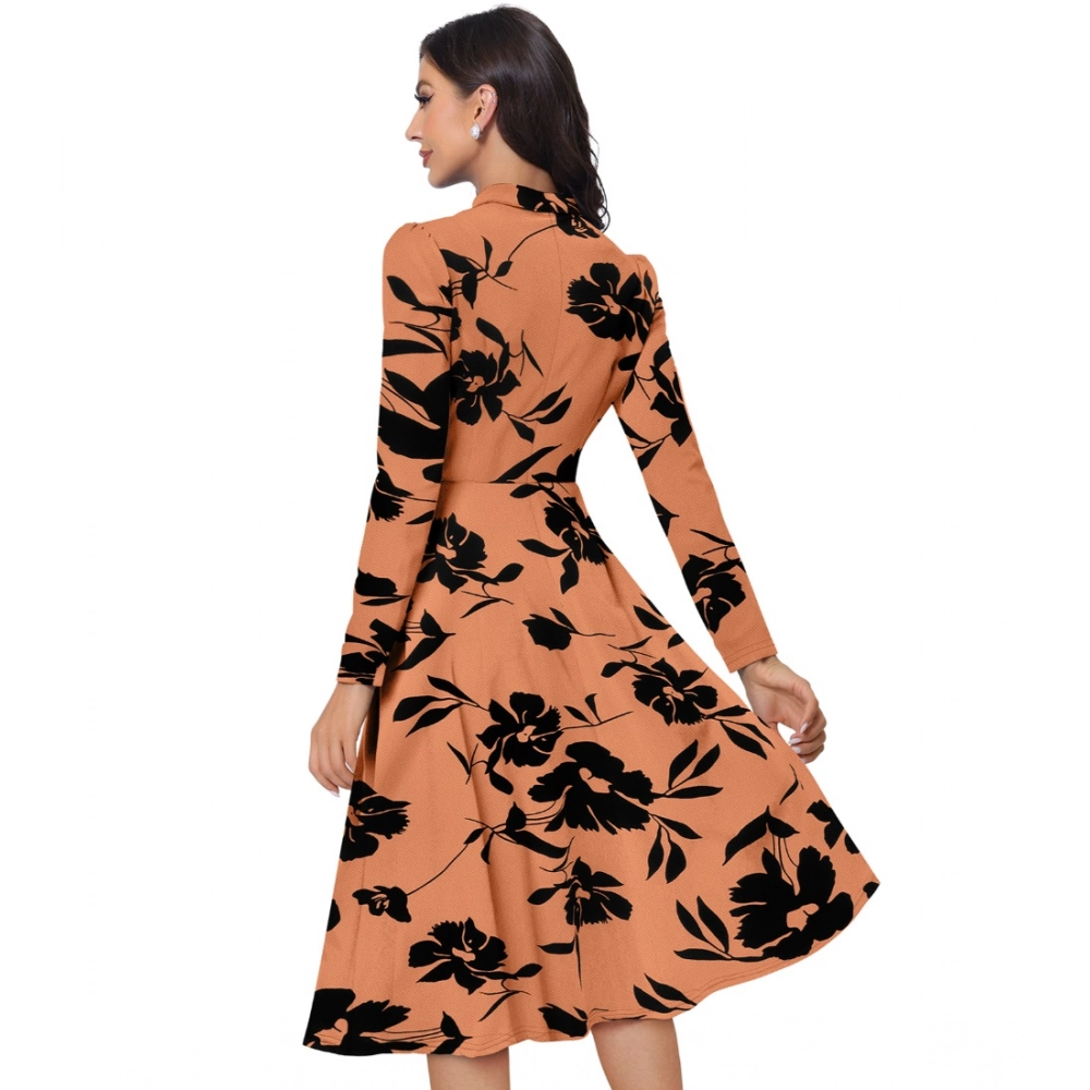 Women's Knitting Printed V-Neck Full Sleeve Dress (Orange) - Image 4